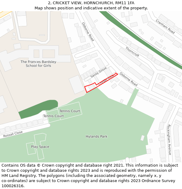 2, CRICKET VIEW, HORNCHURCH, RM11 1FA: Location map and indicative extent of plot