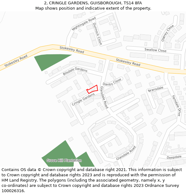 2, CRINGLE GARDENS, GUISBOROUGH, TS14 8FA: Location map and indicative extent of plot