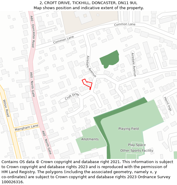 2, CROFT DRIVE, TICKHILL, DONCASTER, DN11 9UL: Location map and indicative extent of plot