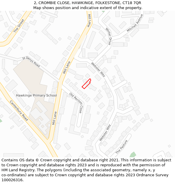 2, CROMBIE CLOSE, HAWKINGE, FOLKESTONE, CT18 7QR: Location map and indicative extent of plot