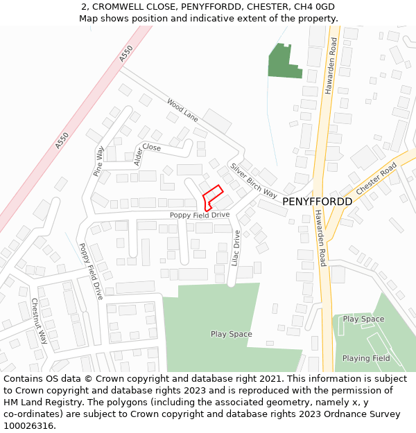 2, CROMWELL CLOSE, PENYFFORDD, CHESTER, CH4 0GD: Location map and indicative extent of plot