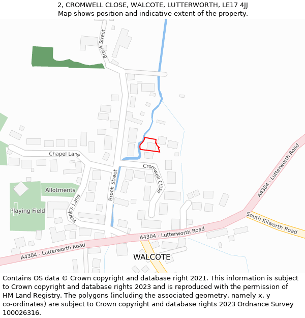 2, CROMWELL CLOSE, WALCOTE, LUTTERWORTH, LE17 4JJ: Location map and indicative extent of plot