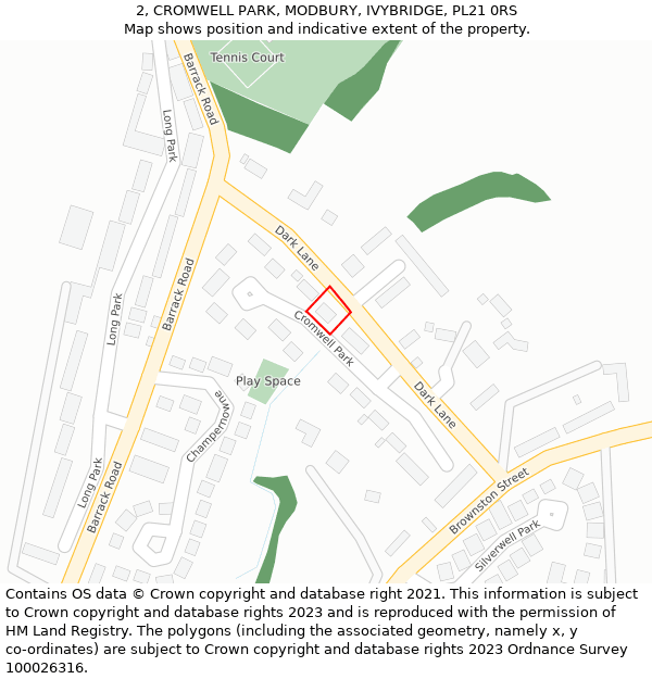 2, CROMWELL PARK, MODBURY, IVYBRIDGE, PL21 0RS: Location map and indicative extent of plot