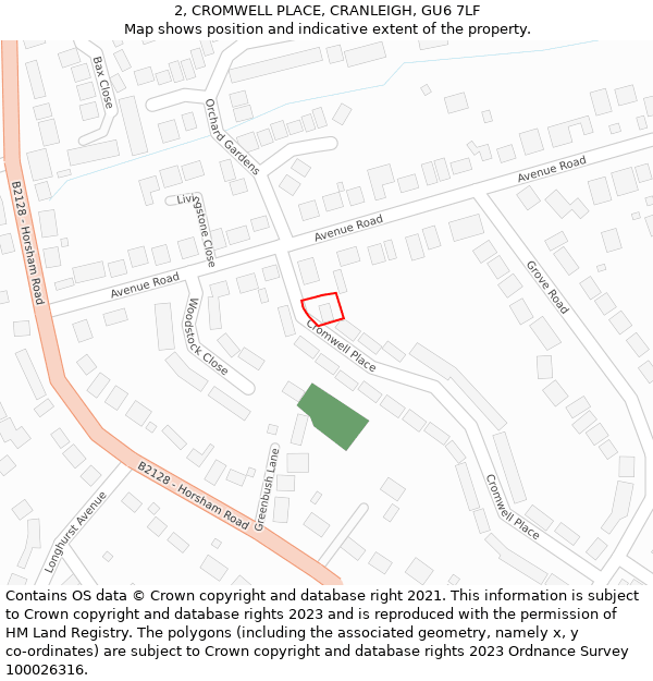 2, CROMWELL PLACE, CRANLEIGH, GU6 7LF: Location map and indicative extent of plot