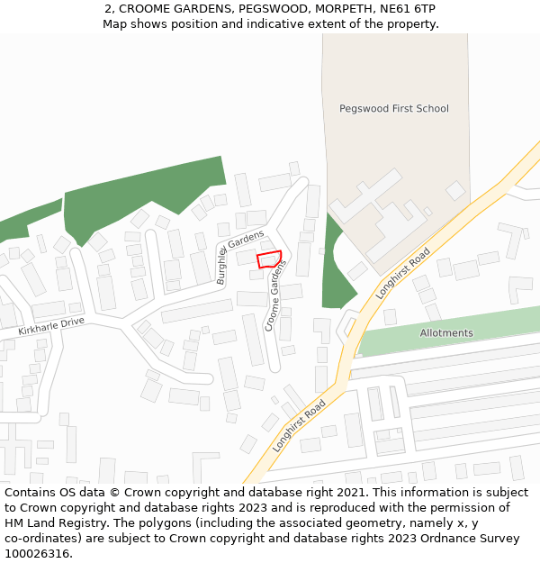 2, CROOME GARDENS, PEGSWOOD, MORPETH, NE61 6TP: Location map and indicative extent of plot