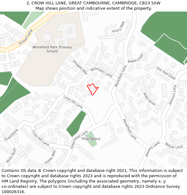 2, CROW HILL LANE, GREAT CAMBOURNE, CAMBRIDGE, CB23 5AW: Location map and indicative extent of plot