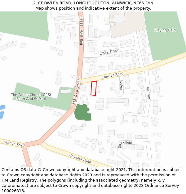 2, CROWLEA ROAD, LONGHOUGHTON, ALNWICK, NE66 3AN: Location map and indicative extent of plot