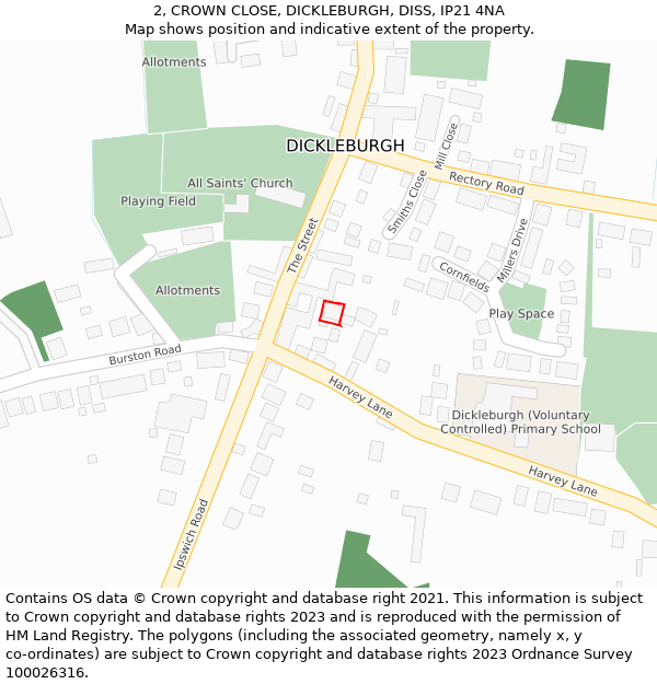 2, CROWN CLOSE, DICKLEBURGH, DISS, IP21 4NA: Location map and indicative extent of plot