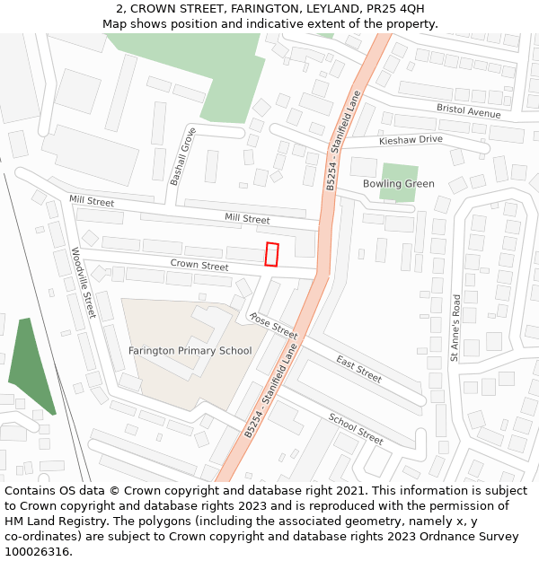 2, CROWN STREET, FARINGTON, LEYLAND, PR25 4QH: Location map and indicative extent of plot