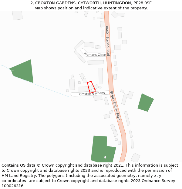 2, CROXTON GARDENS, CATWORTH, HUNTINGDON, PE28 0SE: Location map and indicative extent of plot