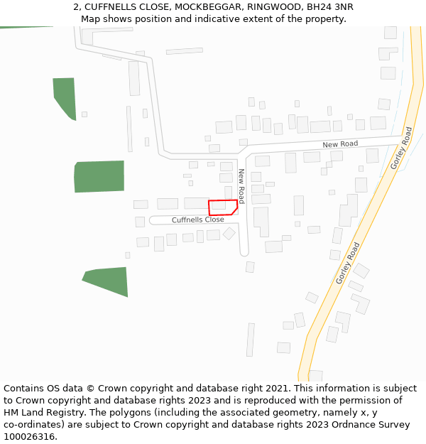 2, CUFFNELLS CLOSE, MOCKBEGGAR, RINGWOOD, BH24 3NR: Location map and indicative extent of plot