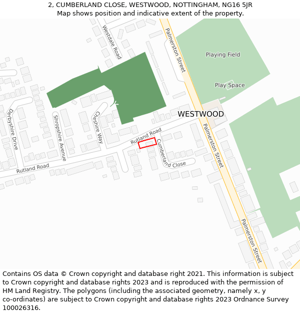 2, CUMBERLAND CLOSE, WESTWOOD, NOTTINGHAM, NG16 5JR: Location map and indicative extent of plot