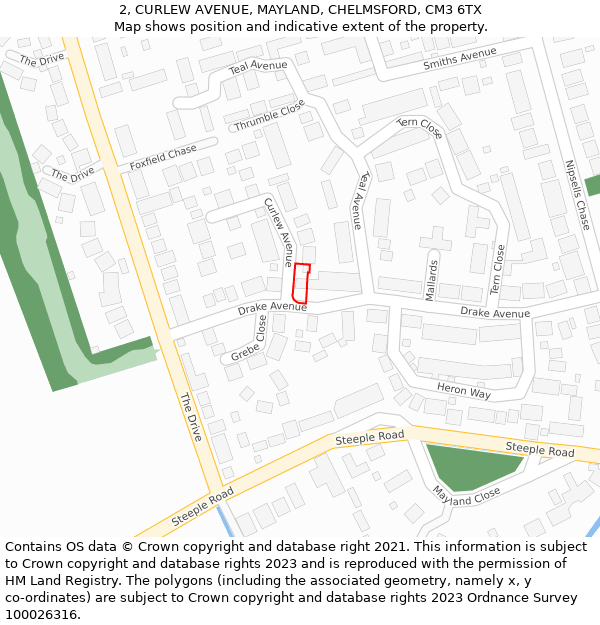 2, CURLEW AVENUE, MAYLAND, CHELMSFORD, CM3 6TX: Location map and indicative extent of plot