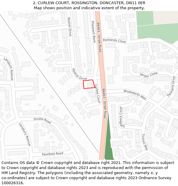 2, CURLEW COURT, ROSSINGTON, DONCASTER, DN11 0ER: Location map and indicative extent of plot