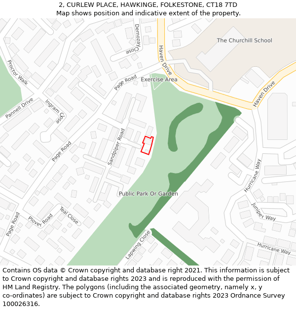 2, CURLEW PLACE, HAWKINGE, FOLKESTONE, CT18 7TD: Location map and indicative extent of plot