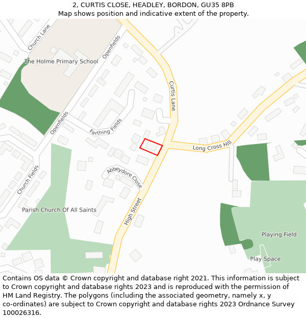 2, CURTIS CLOSE, HEADLEY, BORDON, GU35 8PB: Location map and indicative extent of plot