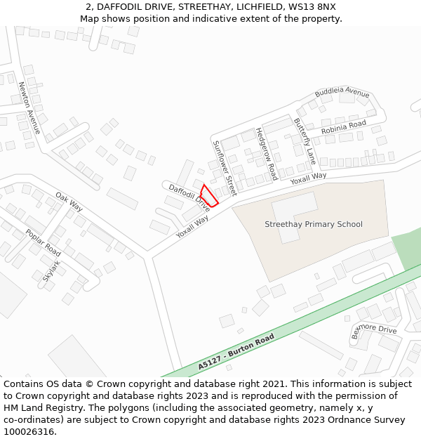 2, DAFFODIL DRIVE, STREETHAY, LICHFIELD, WS13 8NX: Location map and indicative extent of plot