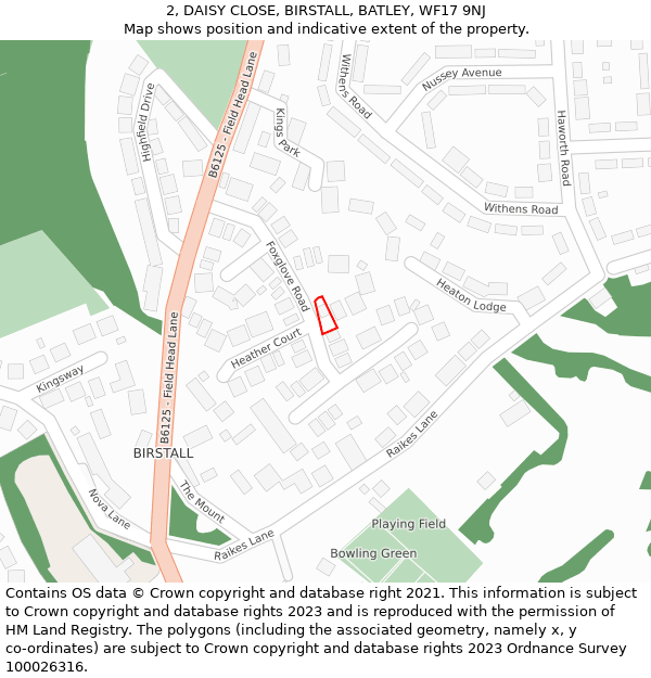 2, DAISY CLOSE, BIRSTALL, BATLEY, WF17 9NJ: Location map and indicative extent of plot