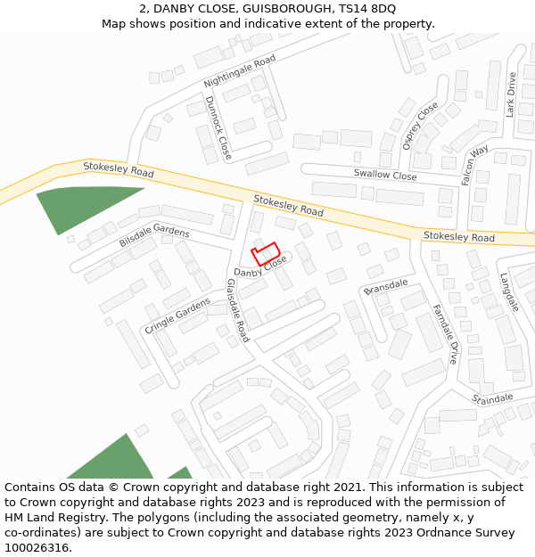 2, DANBY CLOSE, GUISBOROUGH, TS14 8DQ: Location map and indicative extent of plot