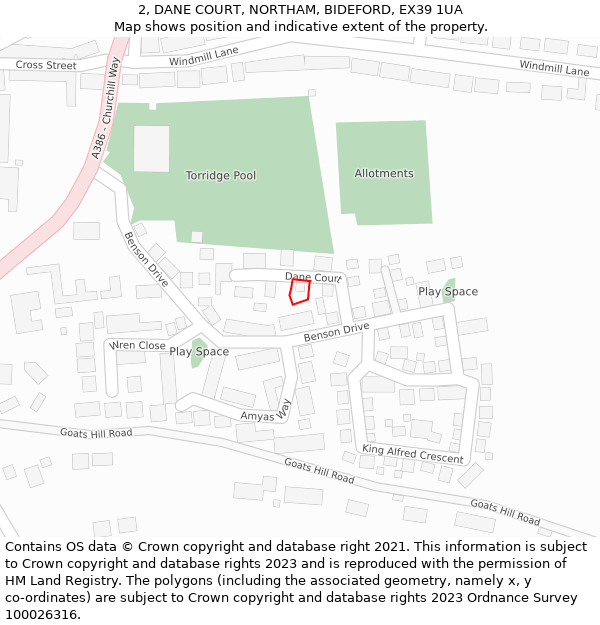 2, DANE COURT, NORTHAM, BIDEFORD, EX39 1UA: Location map and indicative extent of plot