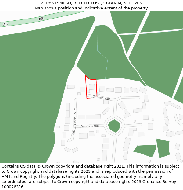 2, DANESMEAD, BEECH CLOSE, COBHAM, KT11 2EN: Location map and indicative extent of plot