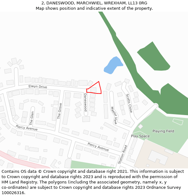 2, DANESWOOD, MARCHWIEL, WREXHAM, LL13 0RG: Location map and indicative extent of plot