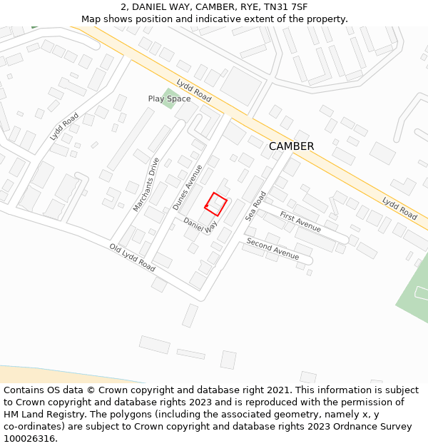 2, DANIEL WAY, CAMBER, RYE, TN31 7SF: Location map and indicative extent of plot