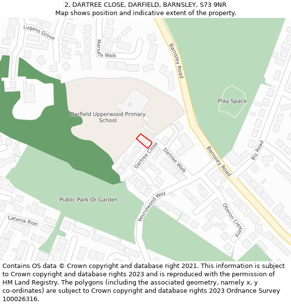 2, DARTREE CLOSE, DARFIELD, BARNSLEY, S73 9NR: Location map and indicative extent of plot