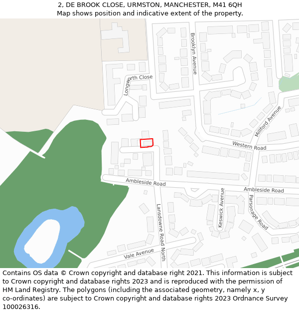 2, DE BROOK CLOSE, URMSTON, MANCHESTER, M41 6QH: Location map and indicative extent of plot