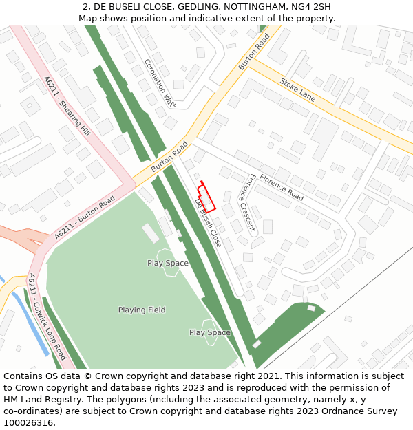 2, DE BUSELI CLOSE, GEDLING, NOTTINGHAM, NG4 2SH: Location map and indicative extent of plot