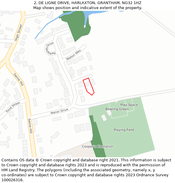 2, DE LIGNE DRIVE, HARLAXTON, GRANTHAM, NG32 1HZ: Location map and indicative extent of plot
