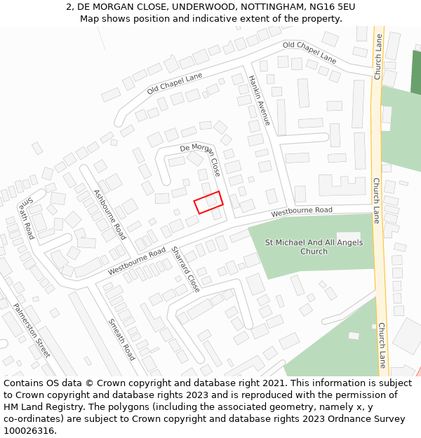 2, DE MORGAN CLOSE, UNDERWOOD, NOTTINGHAM, NG16 5EU: Location map and indicative extent of plot