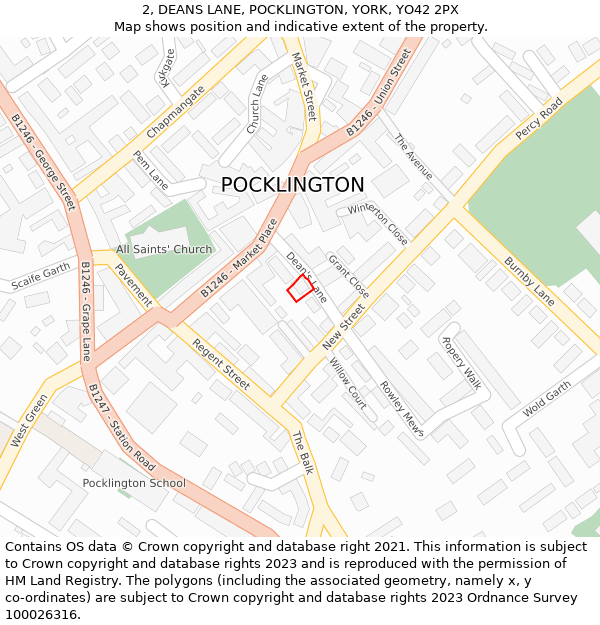 2, DEANS LANE, POCKLINGTON, YORK, YO42 2PX: Location map and indicative extent of plot