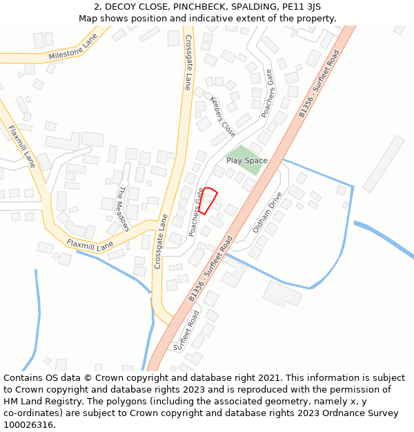 2, DECOY CLOSE, PINCHBECK, SPALDING, PE11 3JS: Location map and indicative extent of plot
