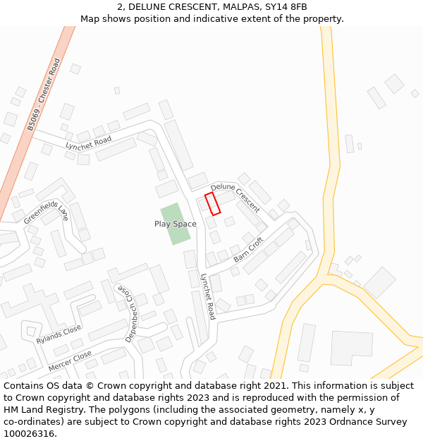 2, DELUNE CRESCENT, MALPAS, SY14 8FB: Location map and indicative extent of plot