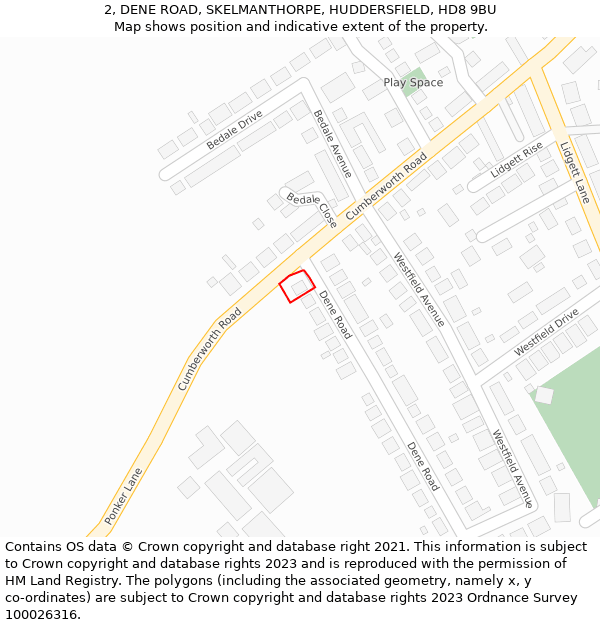 2, DENE ROAD, SKELMANTHORPE, HUDDERSFIELD, HD8 9BU: Location map and indicative extent of plot