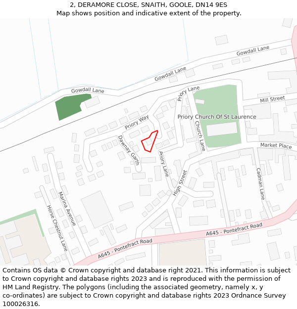 2, DERAMORE CLOSE, SNAITH, GOOLE, DN14 9ES: Location map and indicative extent of plot