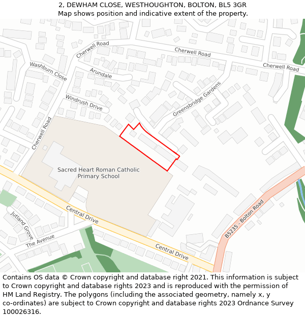 2, DEWHAM CLOSE, WESTHOUGHTON, BOLTON, BL5 3GR: Location map and indicative extent of plot