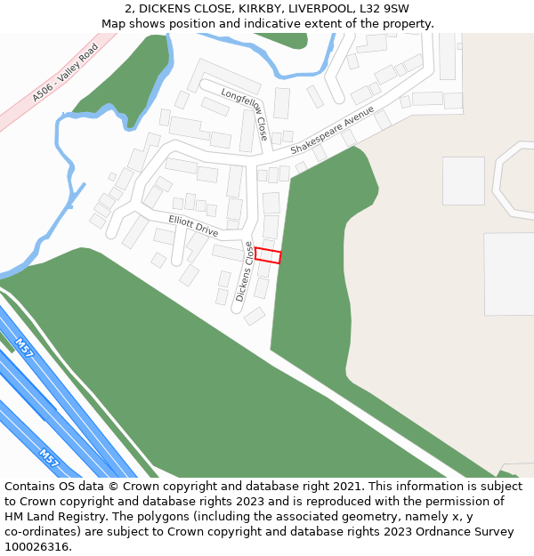 2, DICKENS CLOSE, KIRKBY, LIVERPOOL, L32 9SW: Location map and indicative extent of plot