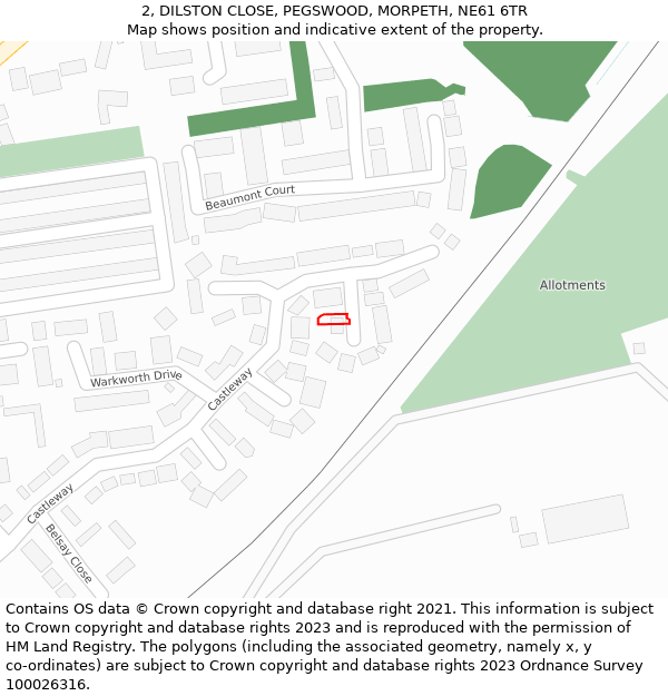 2, DILSTON CLOSE, PEGSWOOD, MORPETH, NE61 6TR: Location map and indicative extent of plot