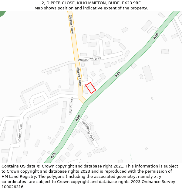 2, DIPPER CLOSE, KILKHAMPTON, BUDE, EX23 9RE: Location map and indicative extent of plot