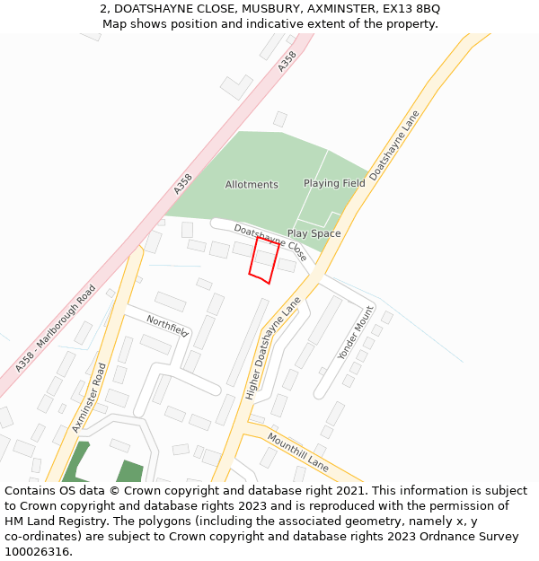 2, DOATSHAYNE CLOSE, MUSBURY, AXMINSTER, EX13 8BQ: Location map and indicative extent of plot