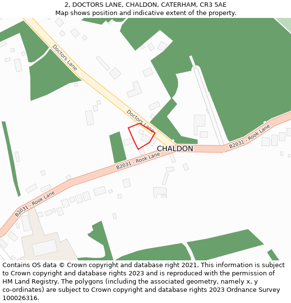 2, DOCTORS LANE, CHALDON, CATERHAM, CR3 5AE: Location map and indicative extent of plot