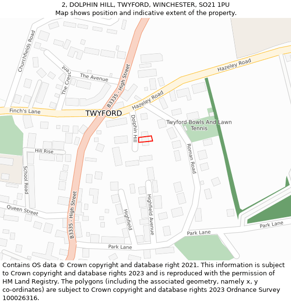 2, DOLPHIN HILL, TWYFORD, WINCHESTER, SO21 1PU: Location map and indicative extent of plot