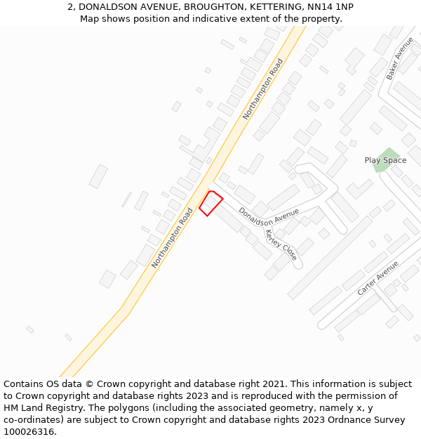 2, DONALDSON AVENUE, BROUGHTON, KETTERING, NN14 1NP: Location map and indicative extent of plot