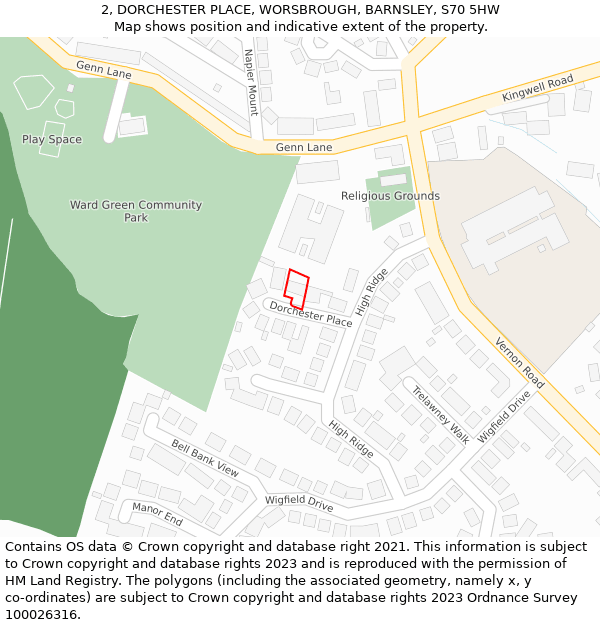 2, DORCHESTER PLACE, WORSBROUGH, BARNSLEY, S70 5HW: Location map and indicative extent of plot