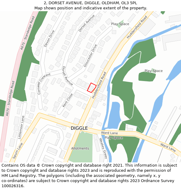 2, DORSET AVENUE, DIGGLE, OLDHAM, OL3 5PL: Location map and indicative extent of plot