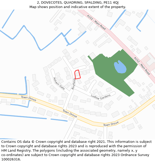 2, DOVECOTES, QUADRING, SPALDING, PE11 4QJ: Location map and indicative extent of plot