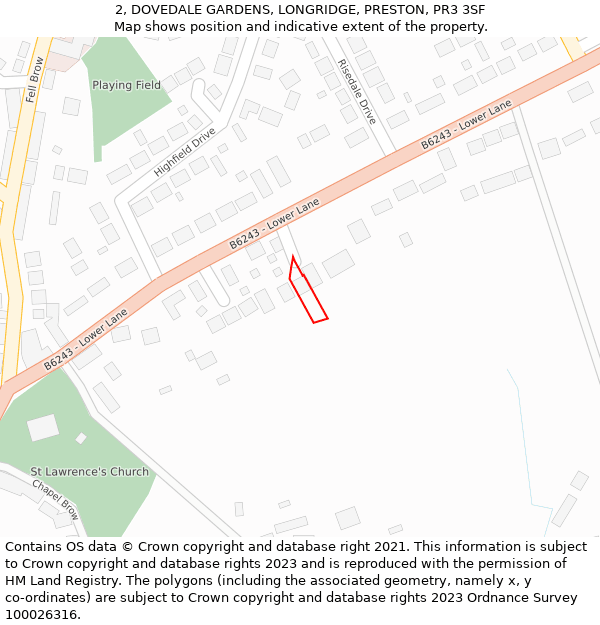 2, DOVEDALE GARDENS, LONGRIDGE, PRESTON, PR3 3SF: Location map and indicative extent of plot