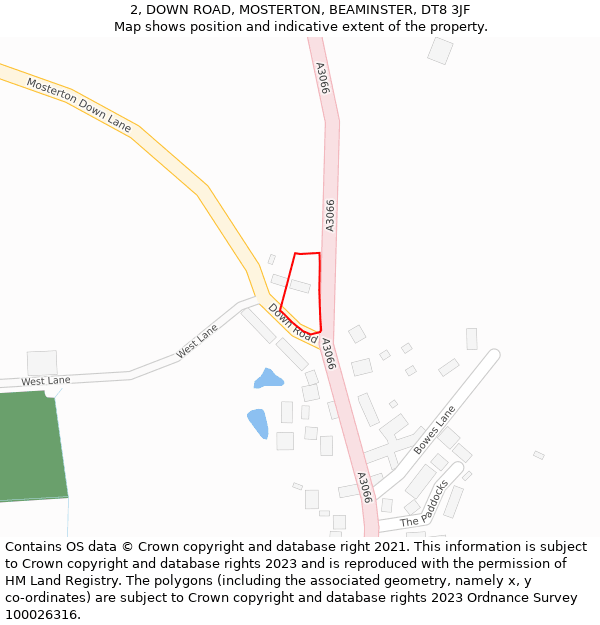 2, DOWN ROAD, MOSTERTON, BEAMINSTER, DT8 3JF: Location map and indicative extent of plot
